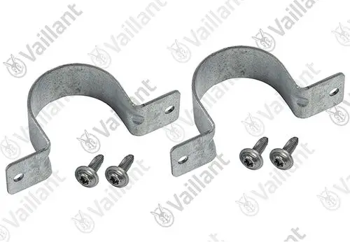 Zwei Halter aus Metall von Vaillant, mit Schrauben zur Befestigung, in gebogener Form mit Bohrlöchern an den Seiten.